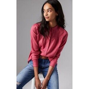 Anthropologie Pilcro Victoria Lace Top Sz 00P XXS Pink Metallic Button Down